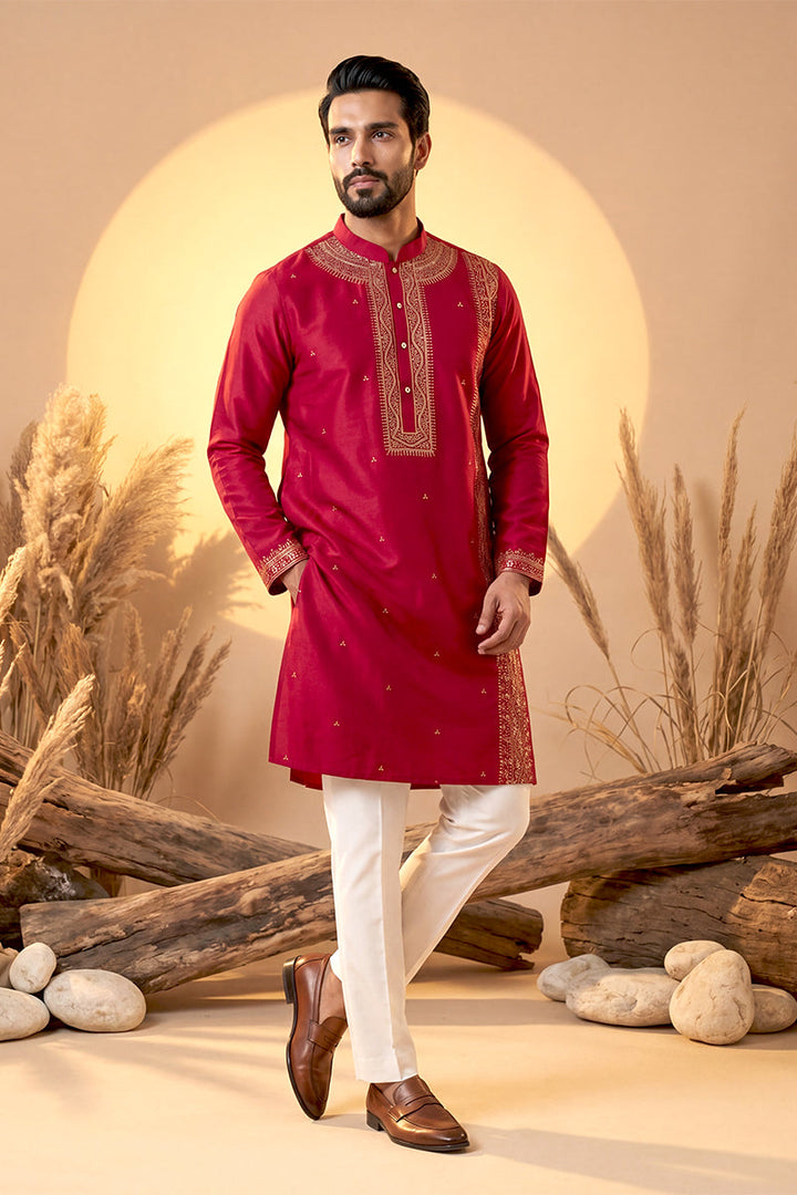 Mens Pink Silk Blend Solid Emboidered Straight Kurta With Trouser | SHOBITAM