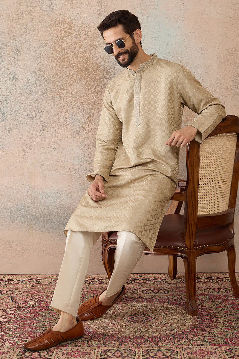 Mens Olive Jacquard Ethnic Motifs Embroidered Kurta | SHOBITAM