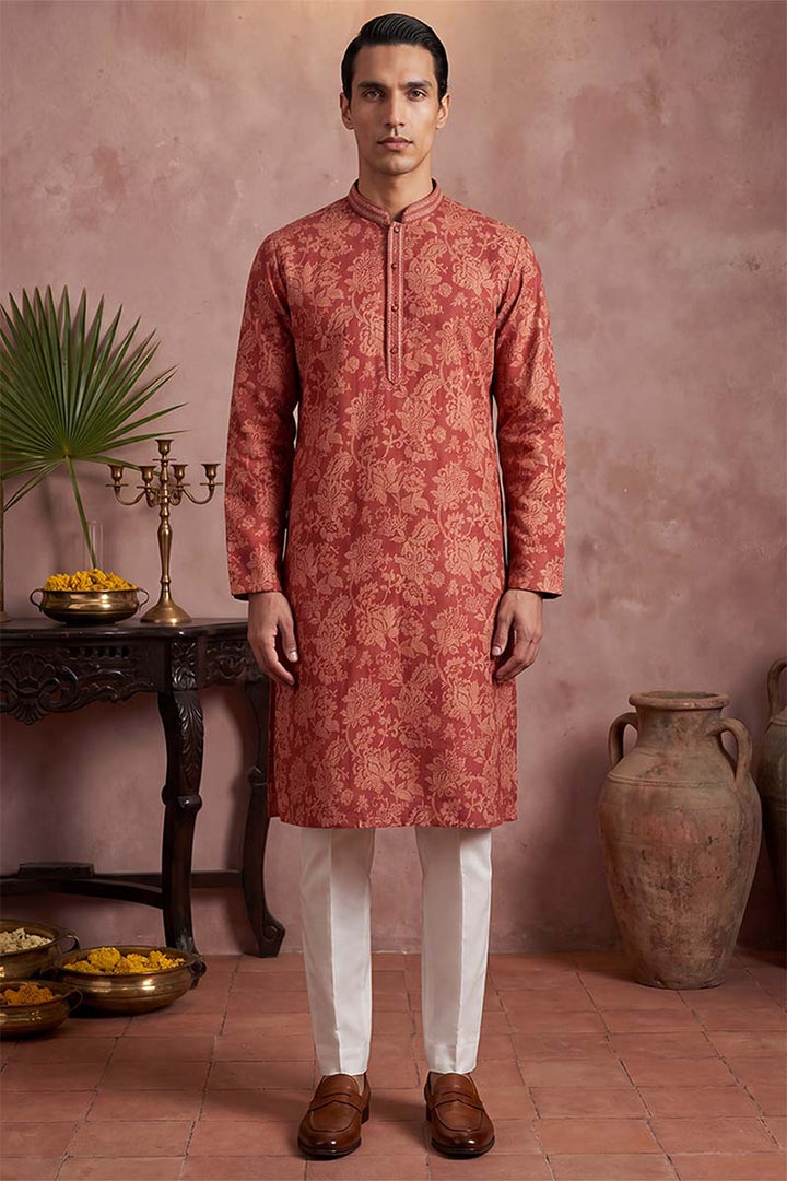 Mens Red Silk Blend Floral Printed Kurta With Trousers | SHOBITAM