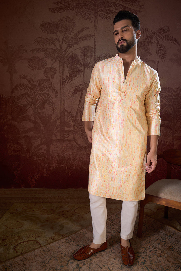 Cream Silk Blend Abstract Printed Straight Kurta For Men | SHOBITAM