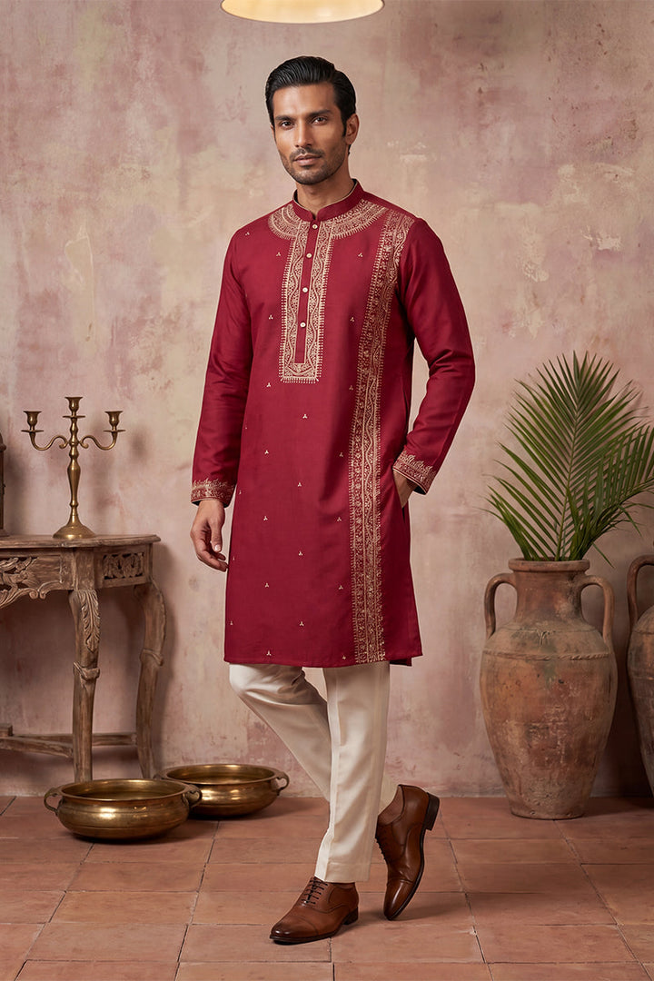 Mens Red Silk Blend Solid Emboidered Straight Kurta With Trouser | SHOBITAM