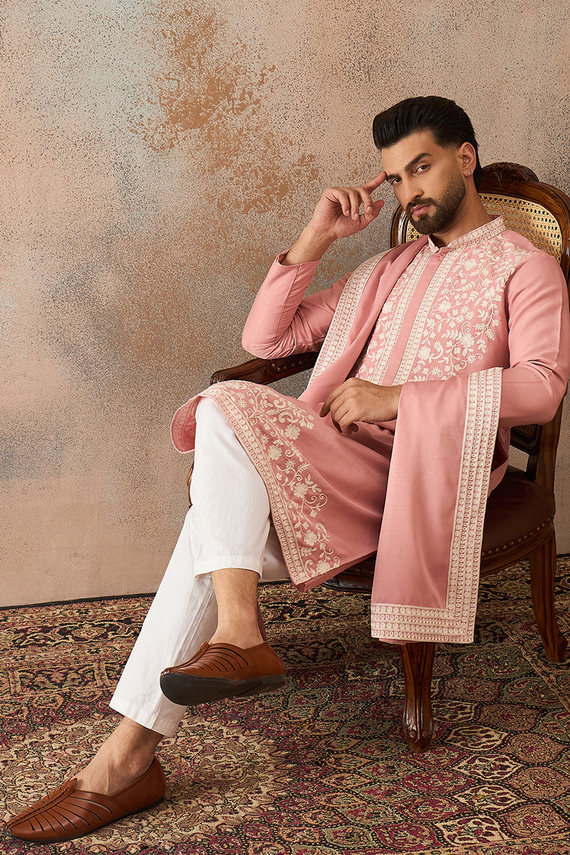 Mens Peach Silk Blend Solid Embroidered Kurta Trouser With Dupatta | SHOBITAM