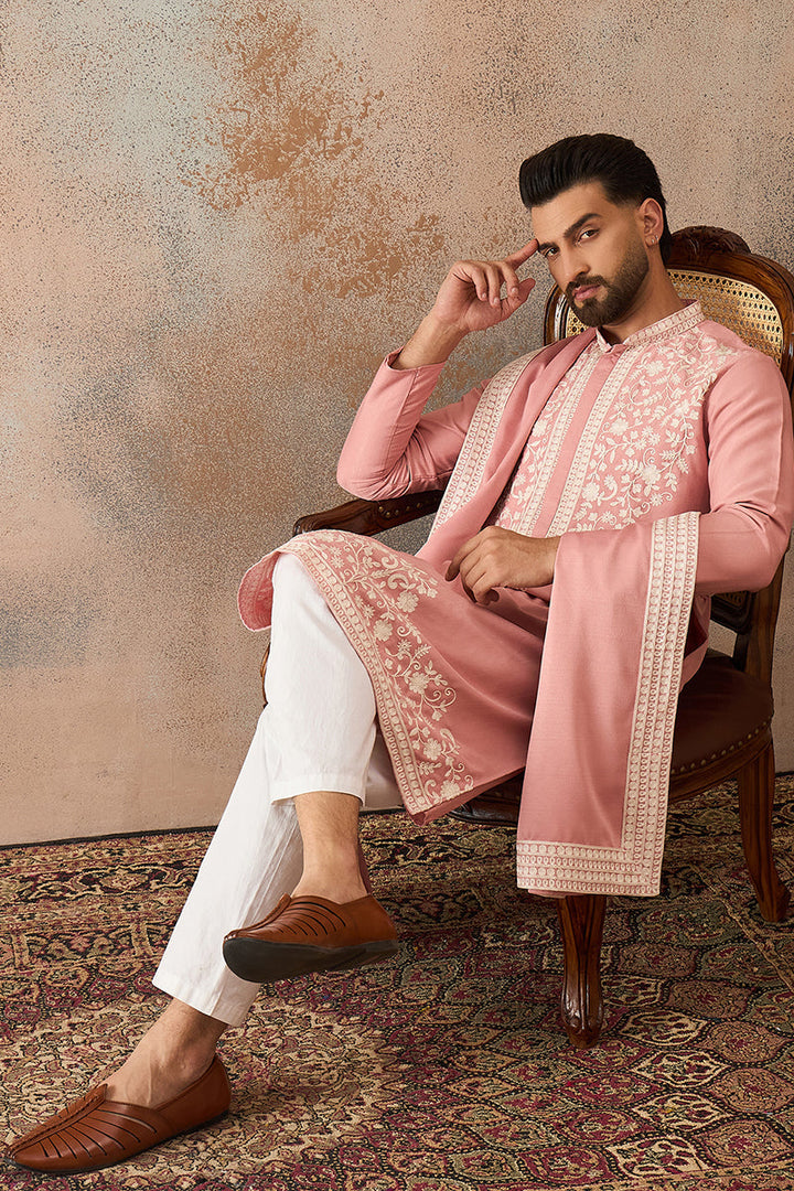 Mens Peach Silk Blend Solid Embroidered Kurta Trouser With Dupatta | SHOBITAM