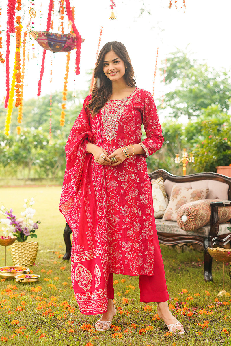Red Viscose Rayon Floral Embroidered Straight Kurta Trousers With Dupatta | SHOBITAM