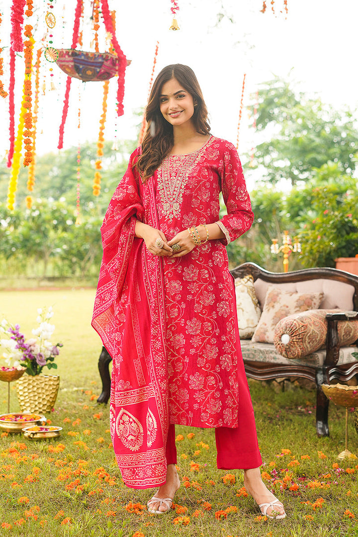 Red Viscose Rayon Floral Embroidered Straight Kurta Trousers With Dupatta | SHOBITAM