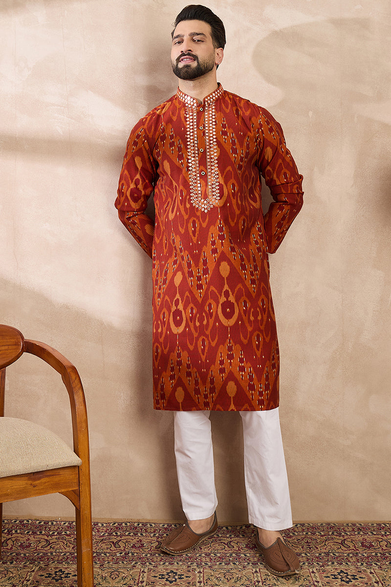 Orange Silk Blend Chevron Printed Straight Kurta With Trouser | SHOBITAM