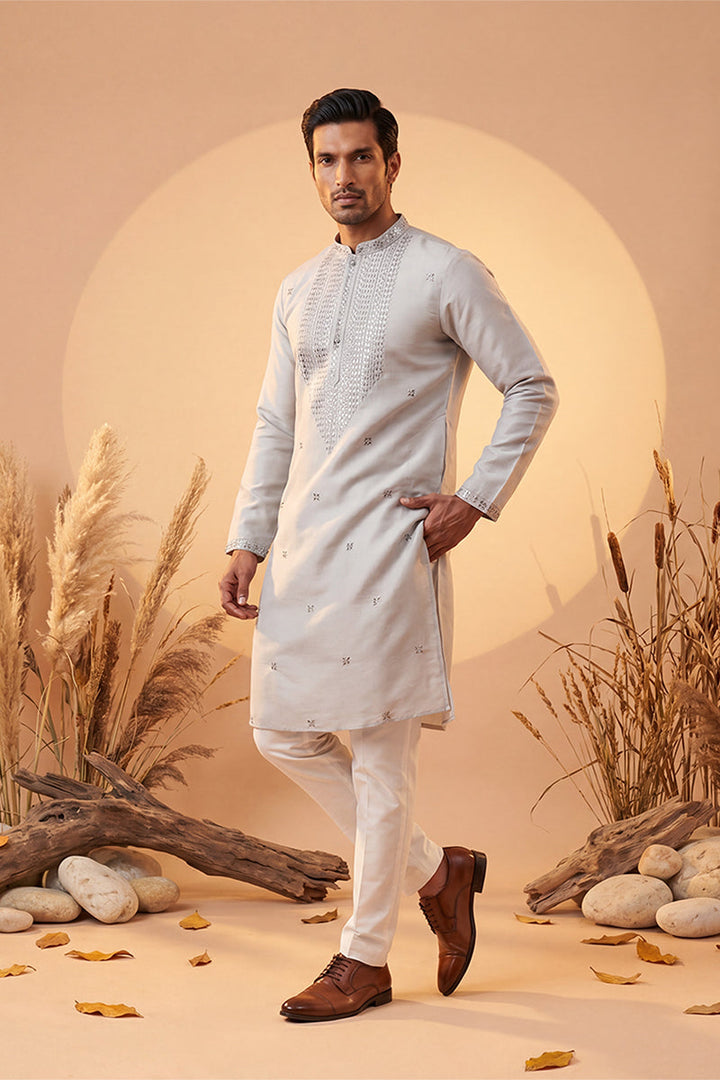 Mens Grey Silk Blend Solid Emboidered Sequins Kurta With Trouser | SHOBITAM