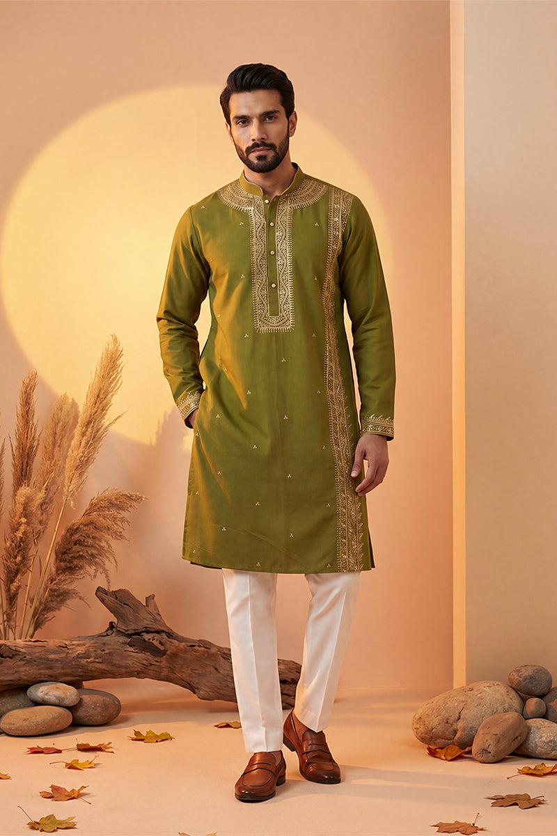 Mens Green Silk Blend Solid Emboidered Straight Kurta With Trouser | SHOBITAM