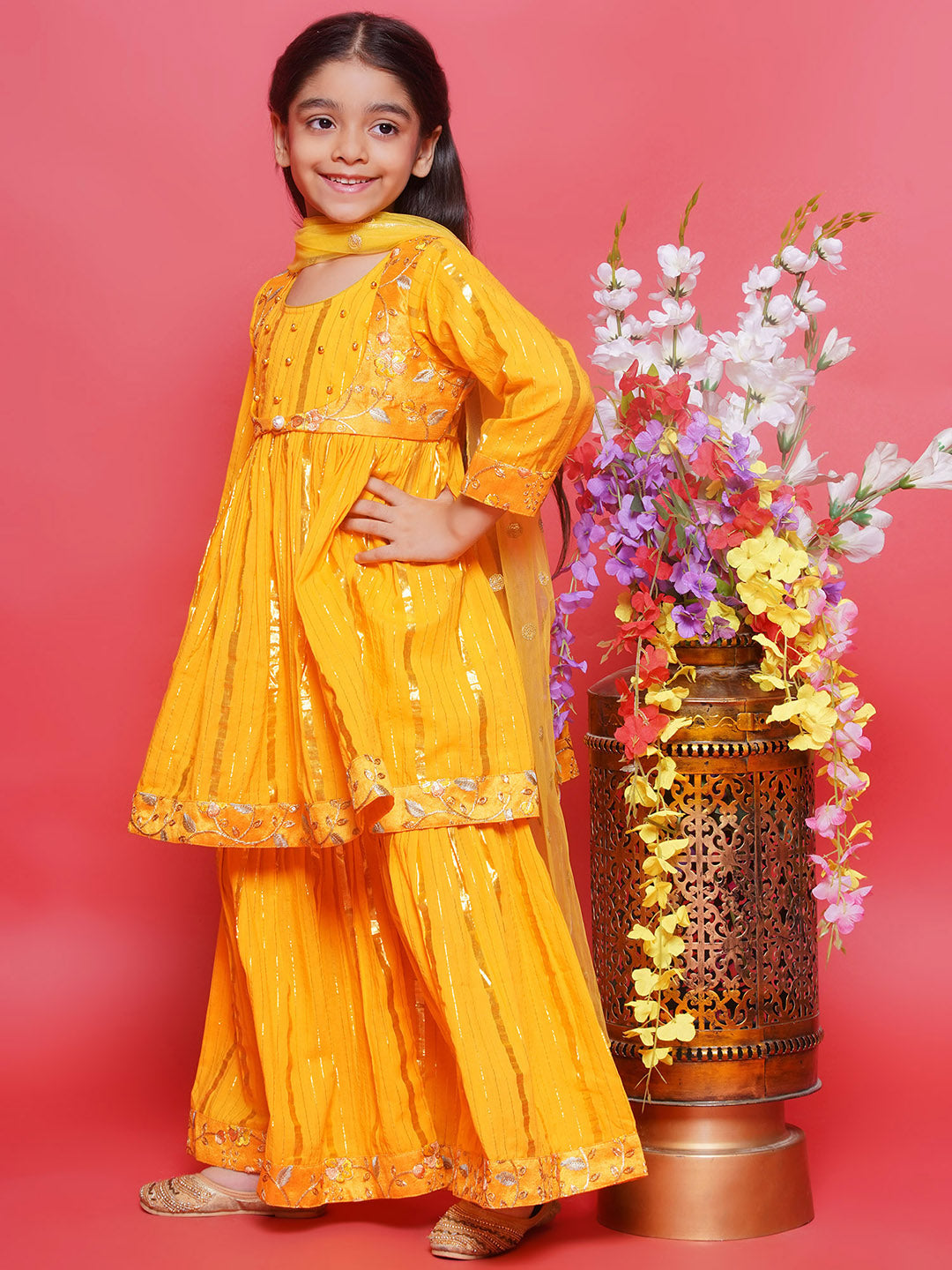 Cotton Three Fourth Sleeves Floral Embroidery Kurta Sharara with Jacket and Dupatta - Haldi Yellow | SHOBITAM