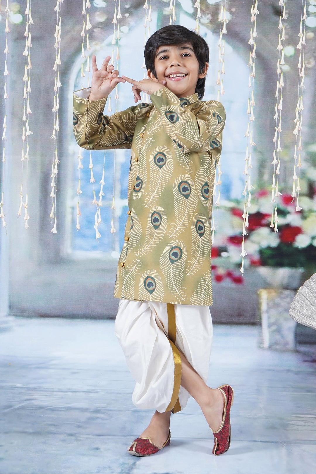 Boys Cotton Full Sleeves Peacock Feather Sherwani with Dhoti -Mustard Yellow | SHOBITAM