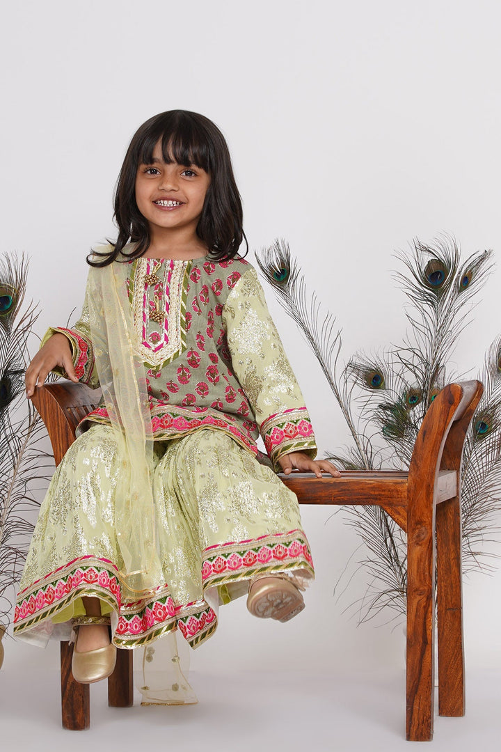 Girl Banarsi Lacework Kurta with Sharara and Dupatta | SHOBITAM
