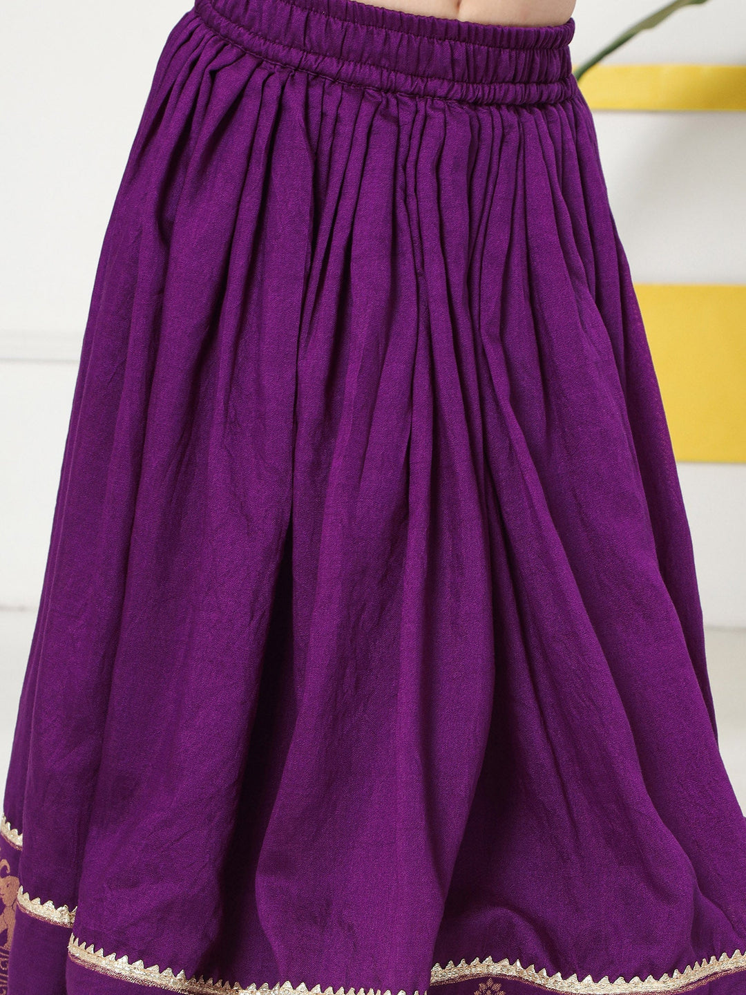 Purple Elephant Zari Embroidery Chanderi Cotton Lehenga with Stitched Yellow Blouse Set | SHOBITAM