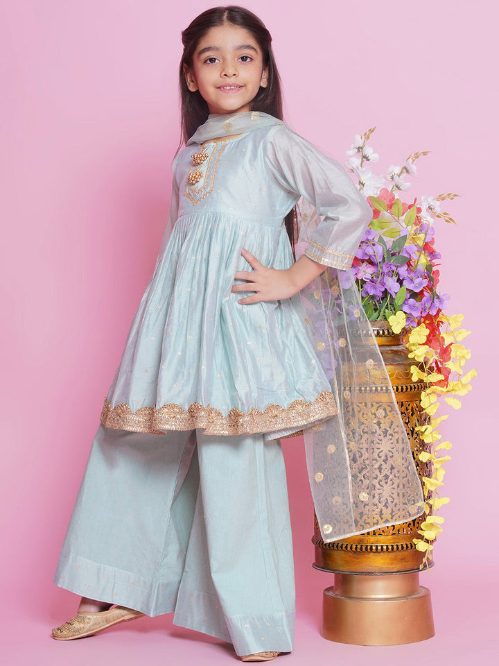 Girls Chanderi Cotton Three Fourth Sleeves Kurta Frock with Plazzo and Dupatta with Boota, Lace & Tussel work - Dolphin Green | SHOBITAM
