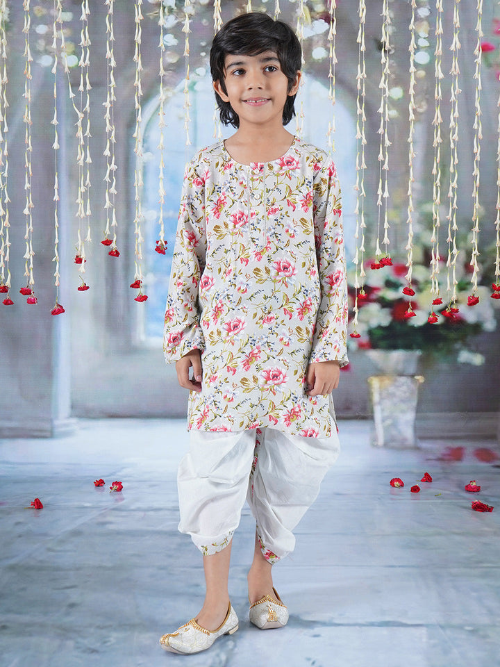 Boys Cotton Full Sleeves Kurta Dhoti with Garden Rose Print and Pearl Buttons - Antique Green  | SHOBITAM