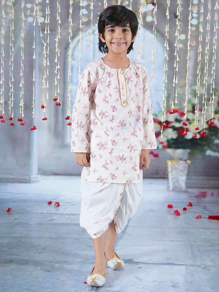 Boys Cotton Full Sleeves Kurta Dhoti with Garden Floral Print and Pearl Buttons - Beige Pink  | SHOBITAM