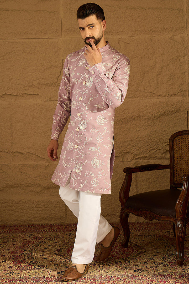 Lavender Viscose Rayon Solid Embroidered Straight Kurta | SHOBITAM