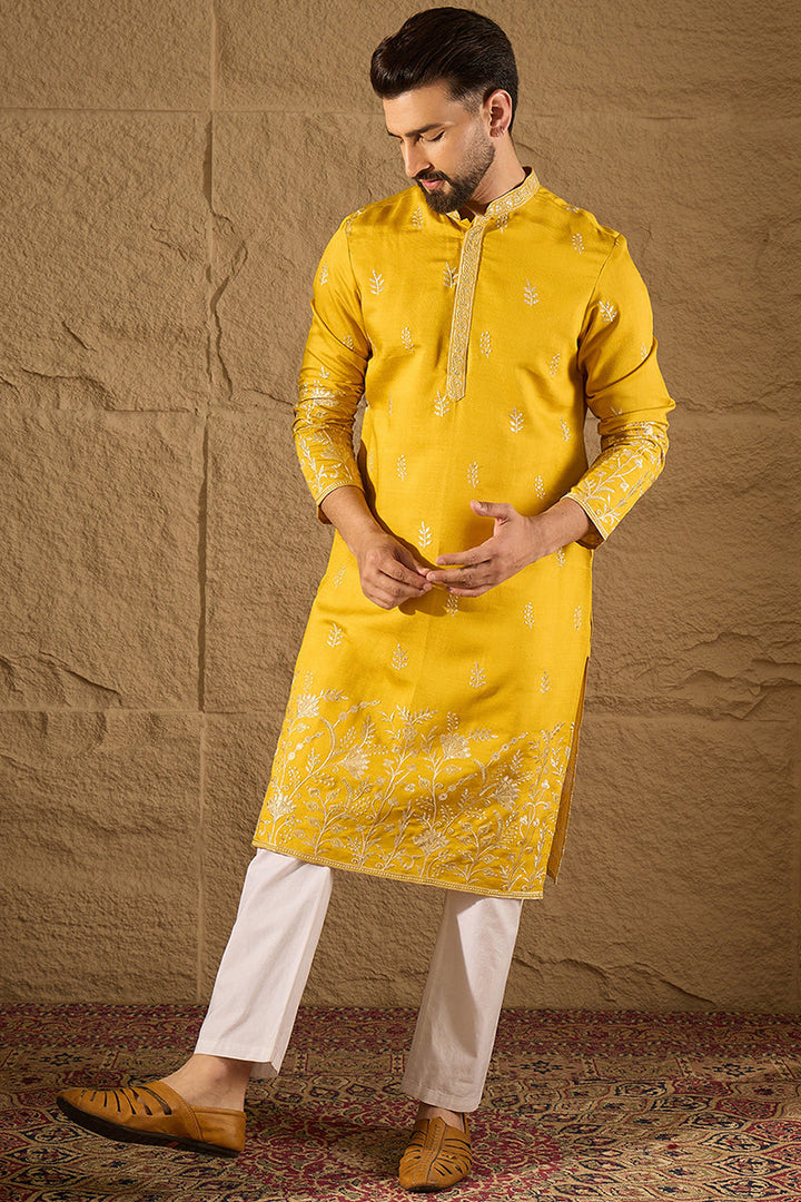 Yellow Chanderi Silk Solid Embroidered Straight Kurta with Trouser | SHOBITAM