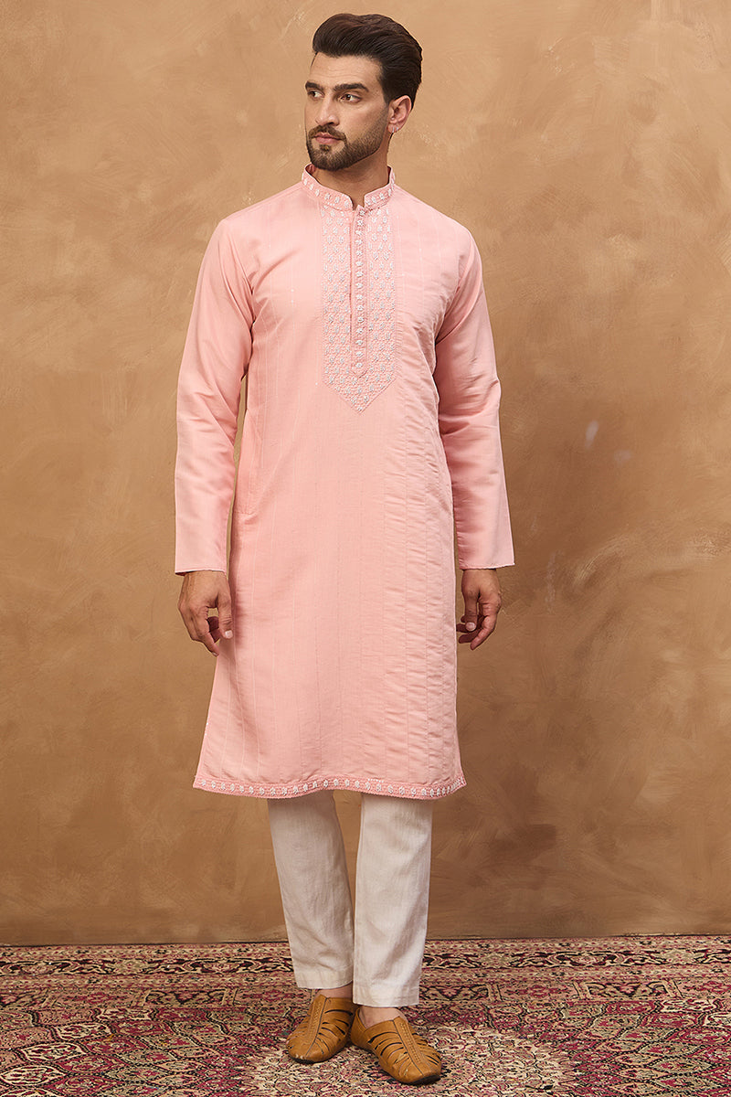 Peach Silk Blend Solid Solid Straight Kurta | SHOBITAM
