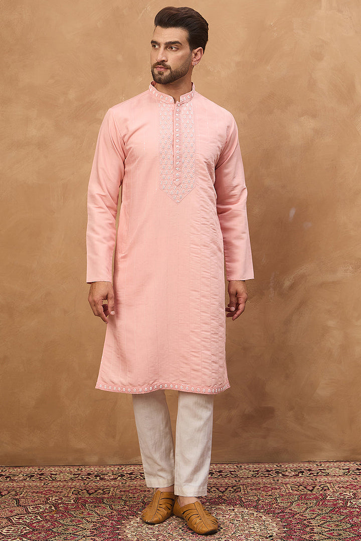 Peach Silk Blend Solid Solid Straight Kurta | SHOBITAM