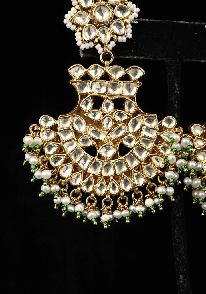 92.5 Pure Silver, Gold-Plated Polki Chandbali Earrings with Pearls and Green Beads