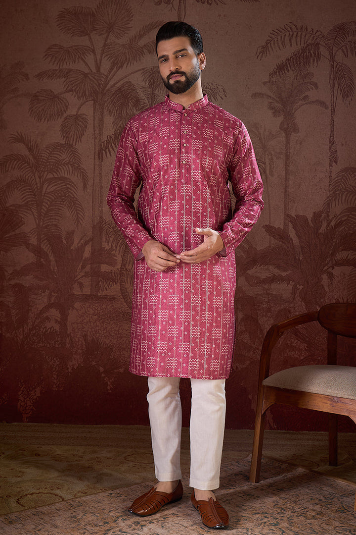 Pink Silk Blend Ethnic Motifs Printed Straight Kurta With Trouser | SHOBITAM