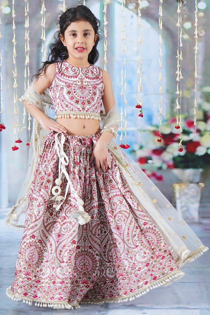 Girls Multi color Mughal Pattern Floral Thread work Cream Lehenga with Blouse and Dupatta with Pearl Detailing and Hand made Tassel | SHOBITAM
