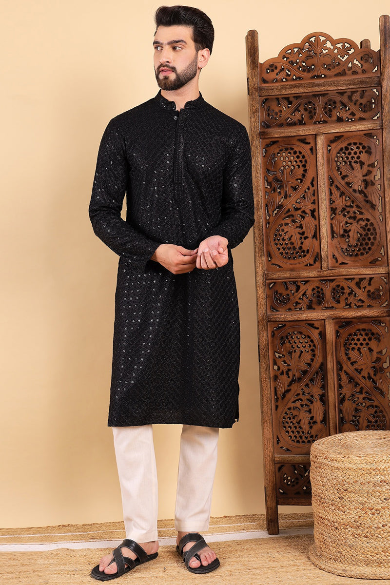Black Viscose Rayon Solid Embroidered Straight Kurta For Men | SHOBITAM