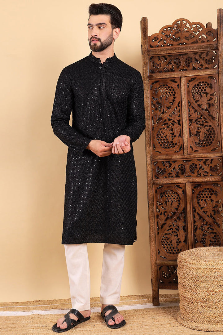 Black Viscose Rayon Solid Embroidered Straight Kurta For Men | SHOBITAM