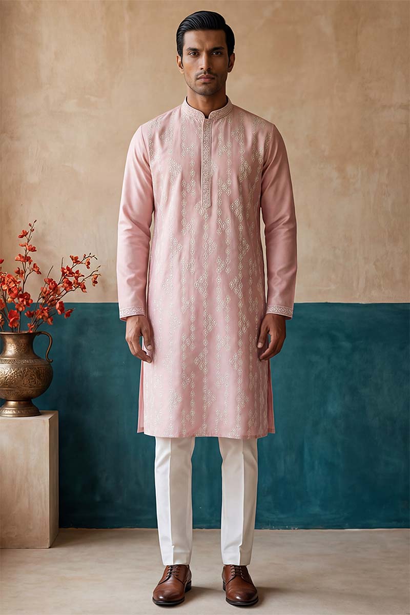 Mens Pink Silk Blend Solid Embroidered Kurta With Trousers | SHOBITAM