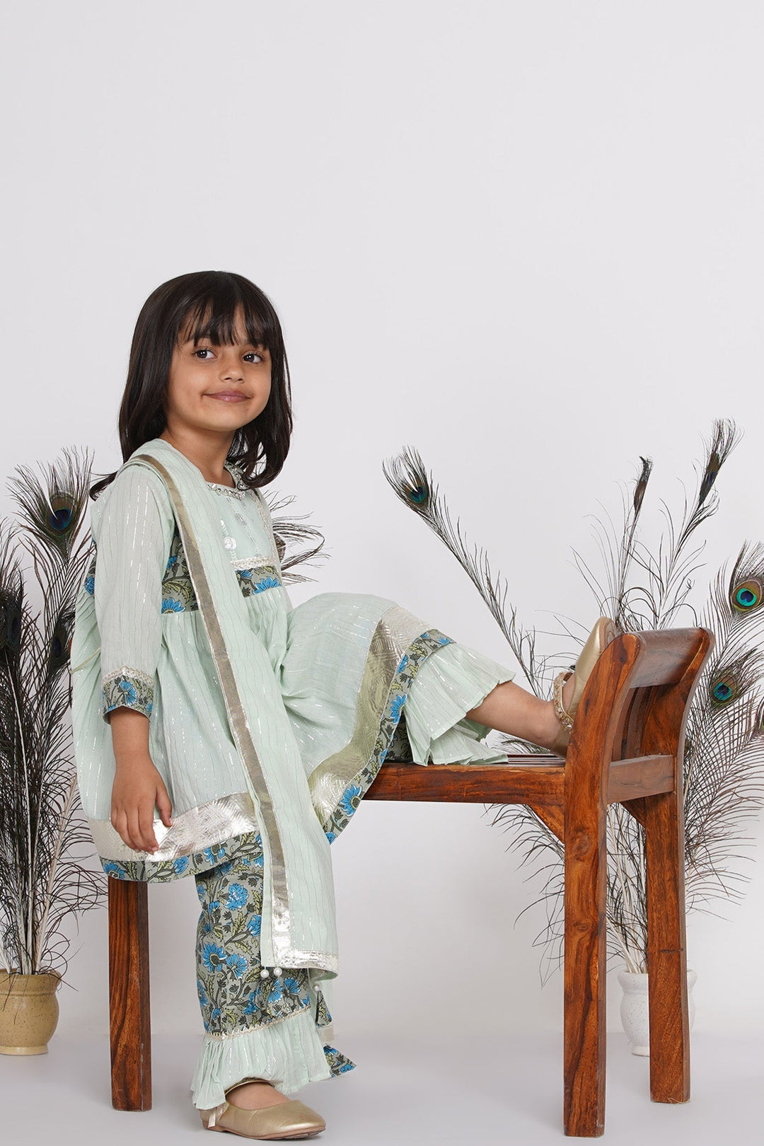Girls Zardosi Work Kurta Frock with Plazzo and Striped Dupatta  | SHOBITAM