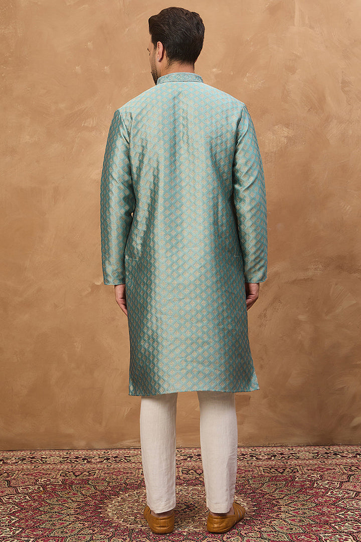 Blue Silk Blend Solid Woven Design Straight Kurta | SHOBITAM