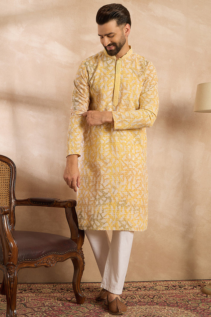 Yellow Viscose Rayon Solid Printed Straight Kurta With Trouser | SHOBITAM