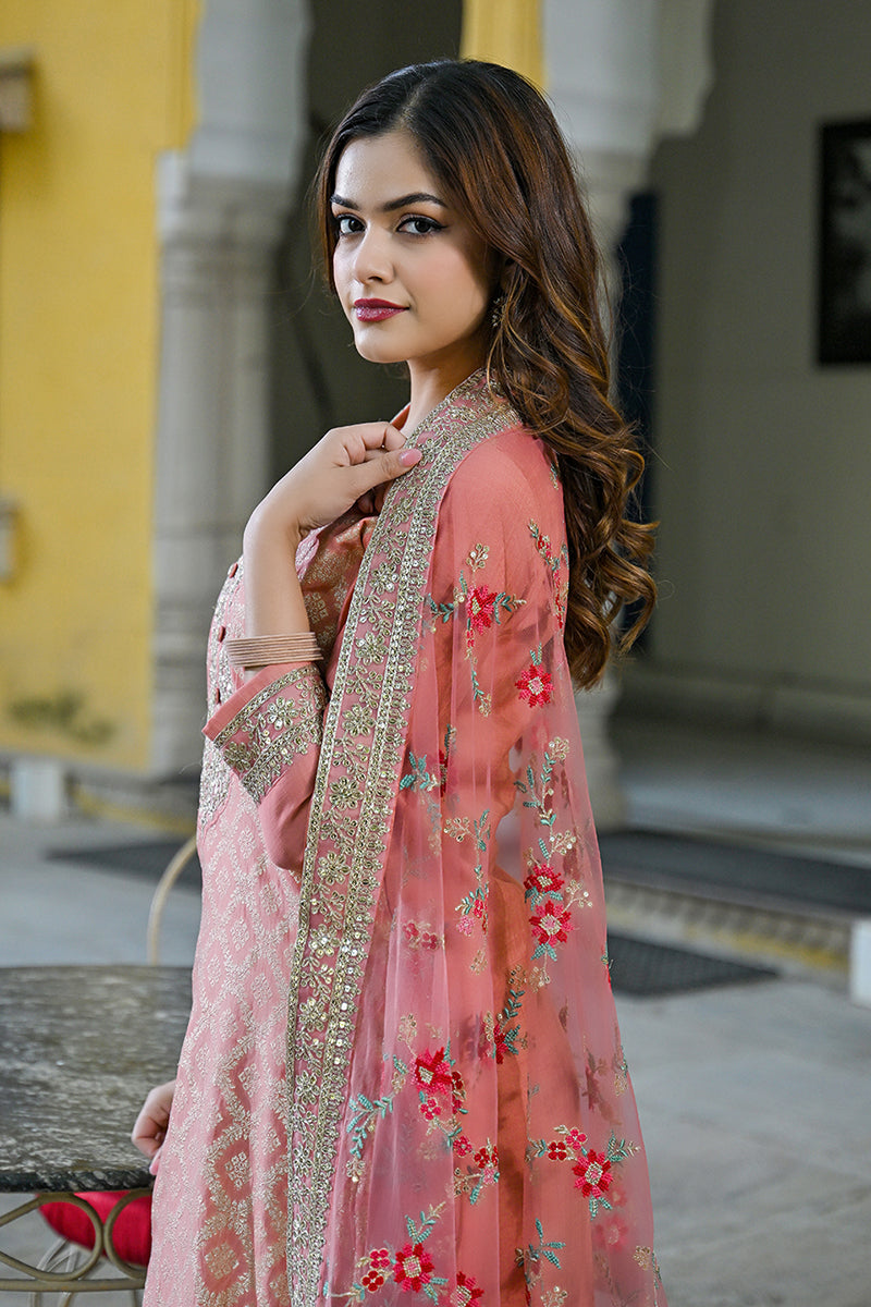 Peach Silk Blend Solid Woven Design Straight Kurta Trousers With Dupatta | SHOBITAM
