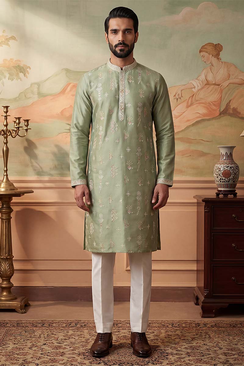 Mens Green Silk Blend Solid Embroidered Kurta With Trousers | SHOBITAM