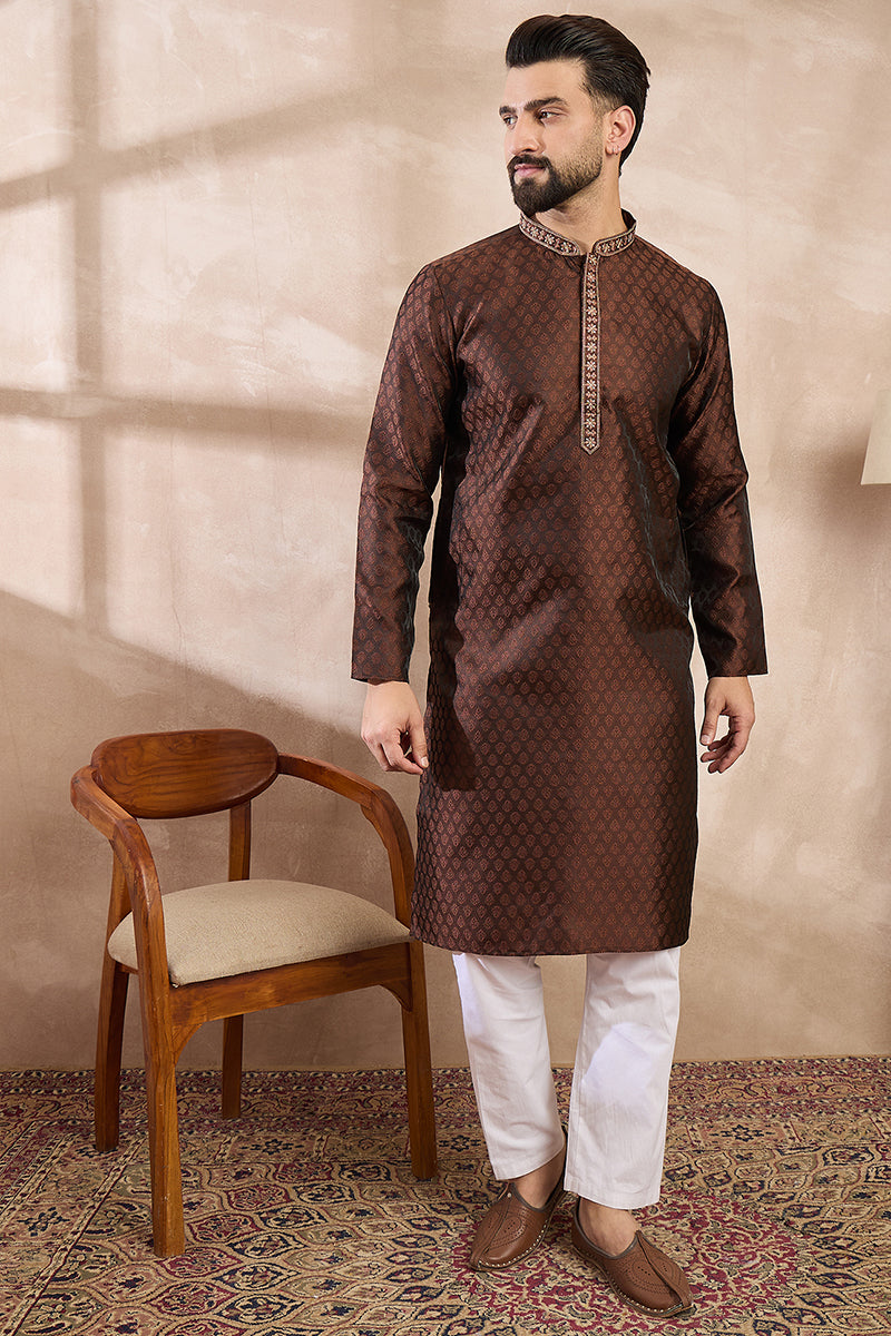 Brown Silk Blend Solid Woven Design Straight Kurta With Trouser | SHOBITAM