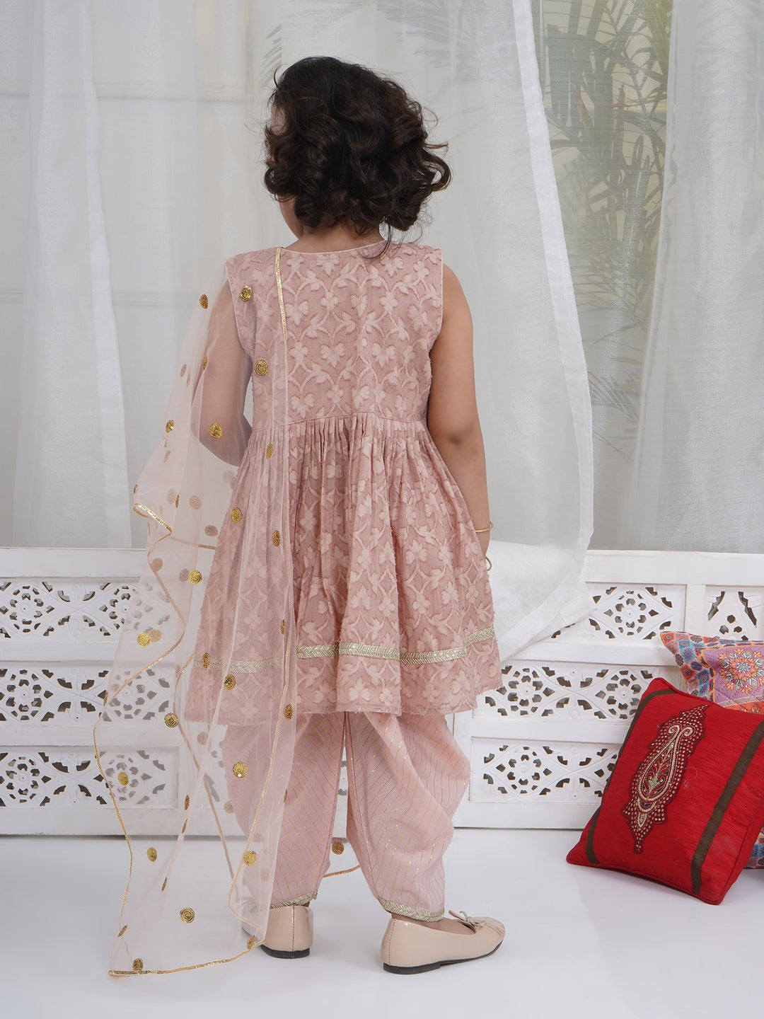 Girls Cotton Sleeveless Floral Self Weaving Kurta with Bow Applique work and Salwar with Dupatta - Mocha Brown