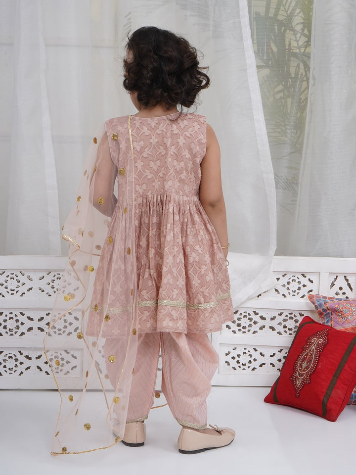 Girls Cotton Sleeveless Floral Self Weaving Kurta with Bow Applique work and Salwar with Dupatta - Mocha Brown