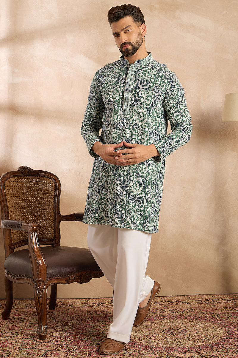 Green Viscose Rayon Batik Embroidered Straight Kurta With Trouser | SHOBITAM