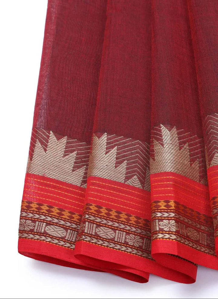 Maroon Handloom Pure Cotton Kanchi Saree | SHOBITAM