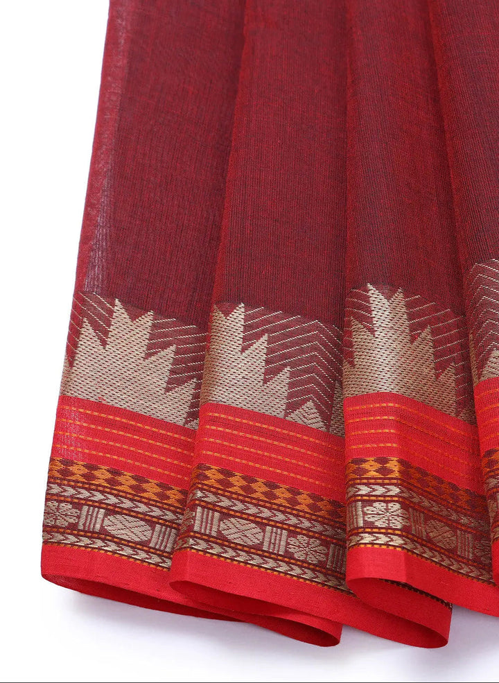 Maroon Handloom Pure Cotton Kanchi Saree | SHOBITAM