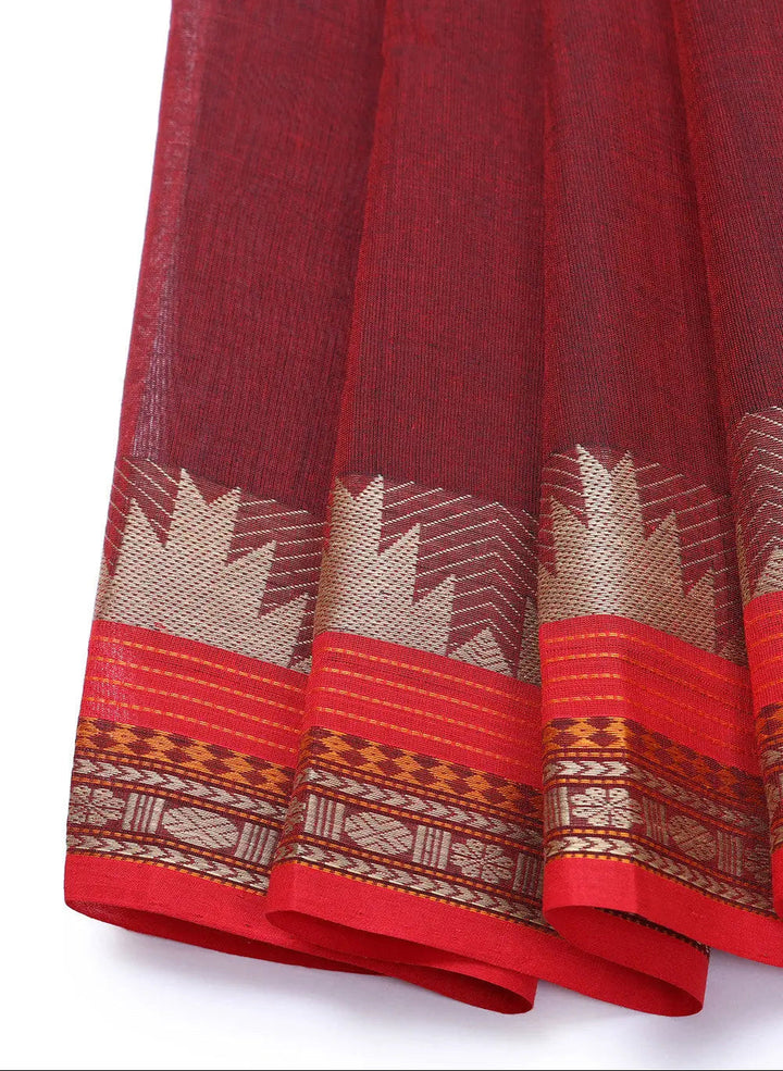 Maroon Handloom Pure Cotton Kanchi Saree | SHOBITAM