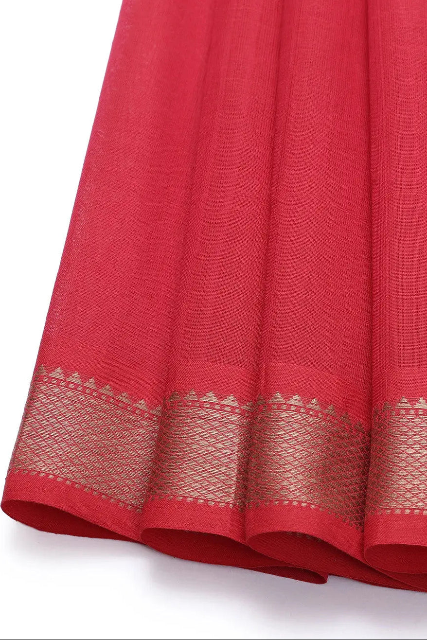 Handloom Raspberry Red Pure Cotton Kanchi Saree | SHOBITAM