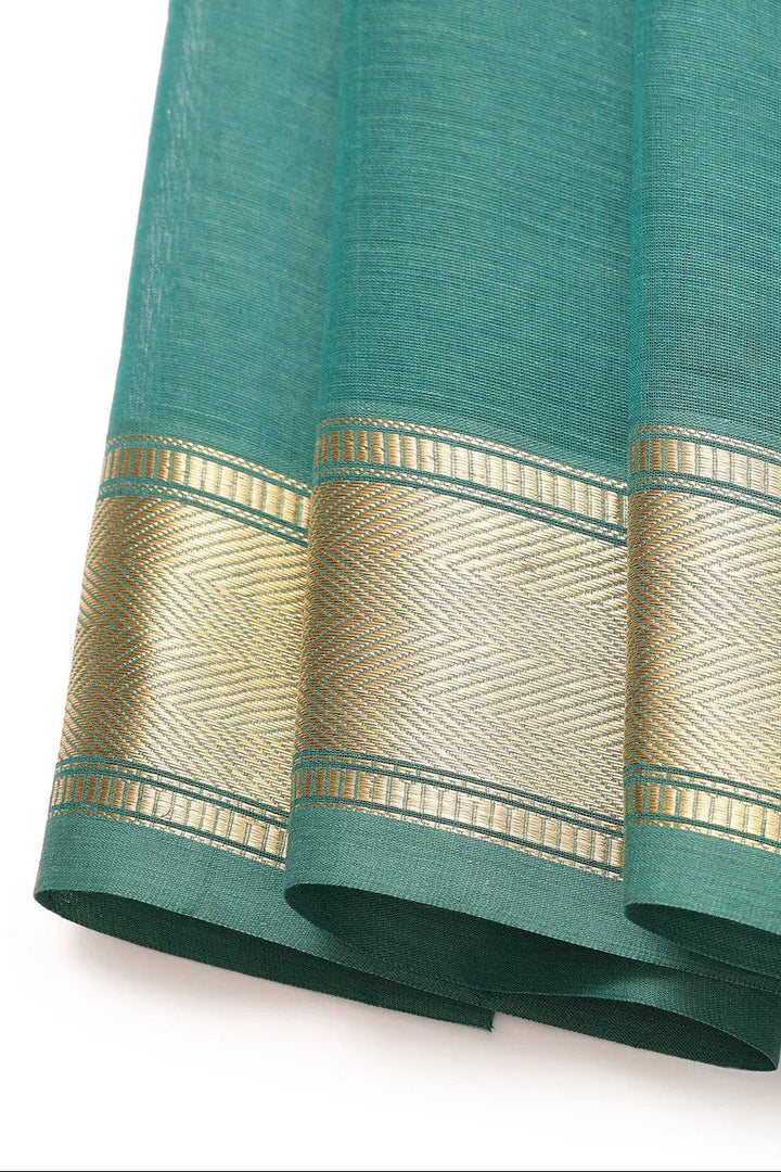 Handloom Jade Green Pure Cotton Kanchi Saree With Zari Border And Motifs | SHOBITAM