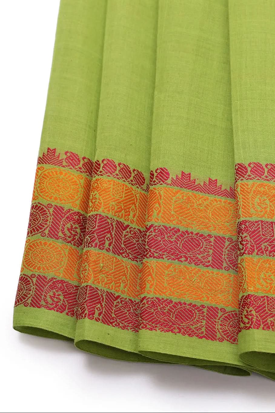 Handloom Parrot Green Pure Cotton Kanchi Saree With Generous Border | SHOBITAM