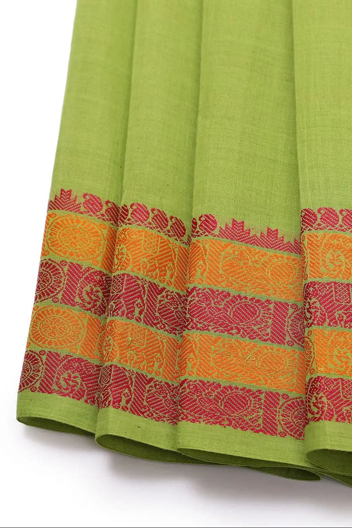 Handloom Parrot Green Pure Cotton Kanchi Saree With Generous Border | SHOBITAM
