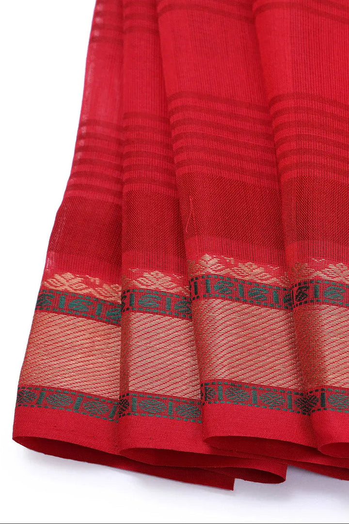 Handloom Orange & Red Pure Cotton Kanchi Saree | SHOBITAM