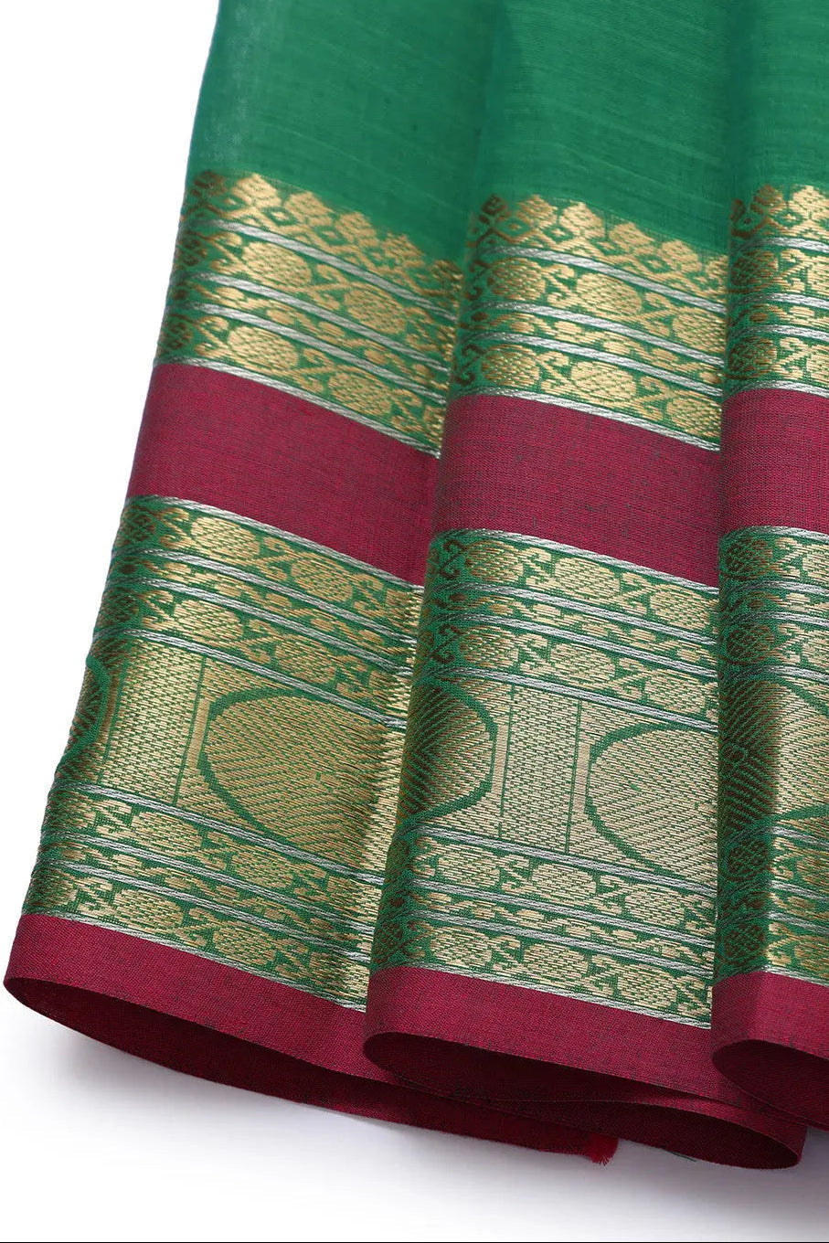 Handloom Forest Green Kanchi Cotton Saree With Exquisite Gold Zari Border & Pallu | SHOBITAM
