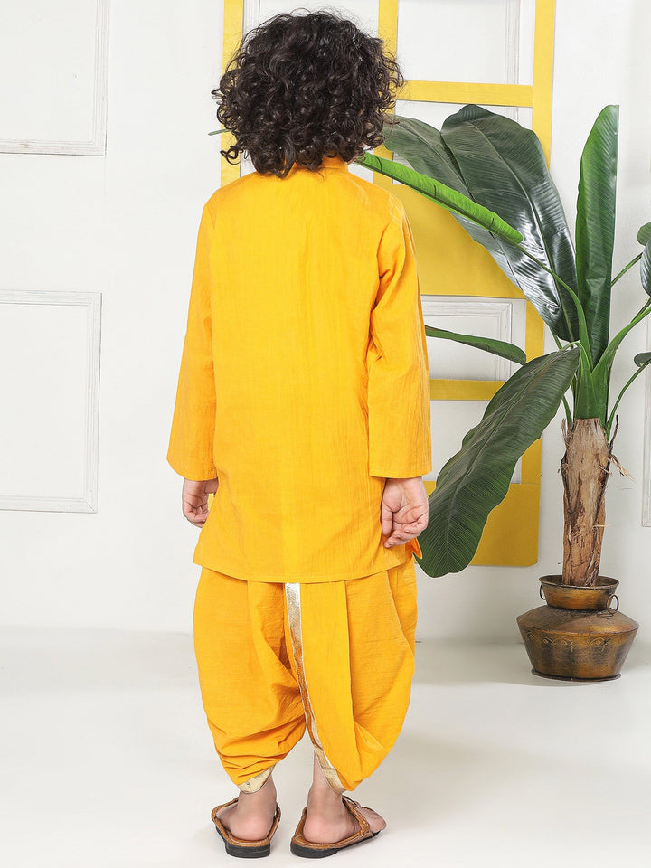 Yellow Minimal Zari Embroidery Cotton Kurta Dhoti set | SHOBITAM