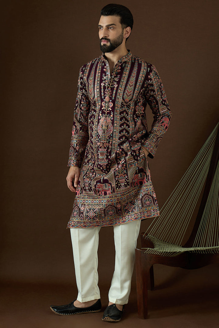 Purple Georgette Solid Embroidered Straight Kurta | SHOBITAM