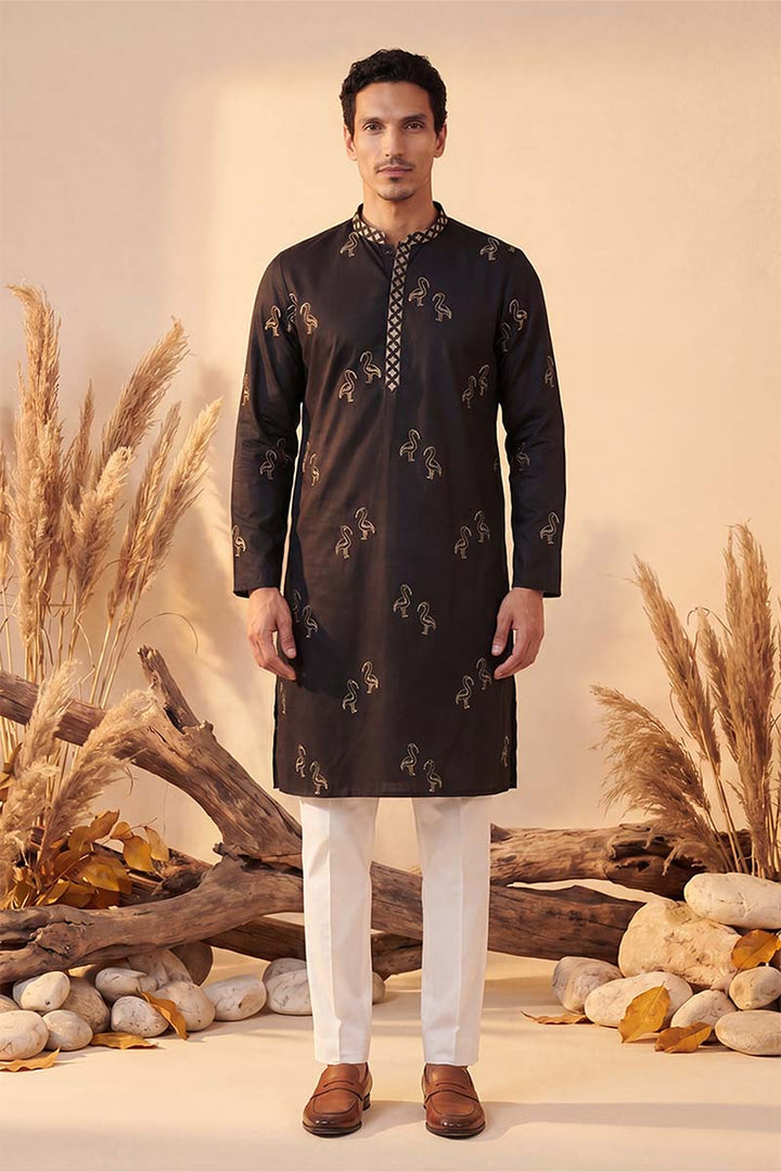 Mens Black Silk Blend Solid Embroidered Kurta With Trousers | SHOBITAM
